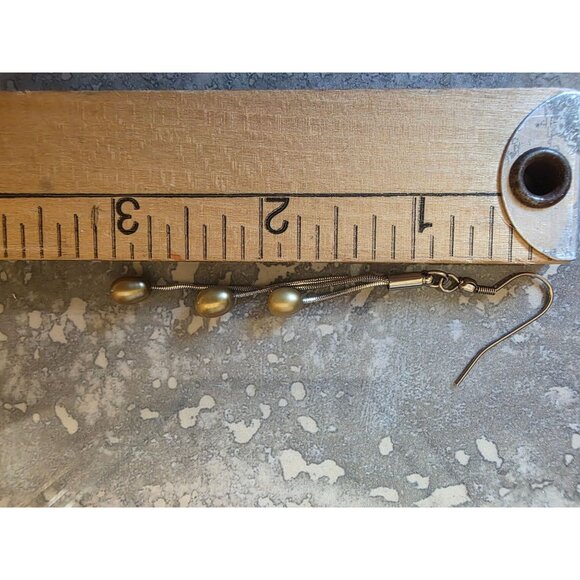 Gold Pearl Drop Silver Snake Chain Dangle Earrings - Picture 5 of 6